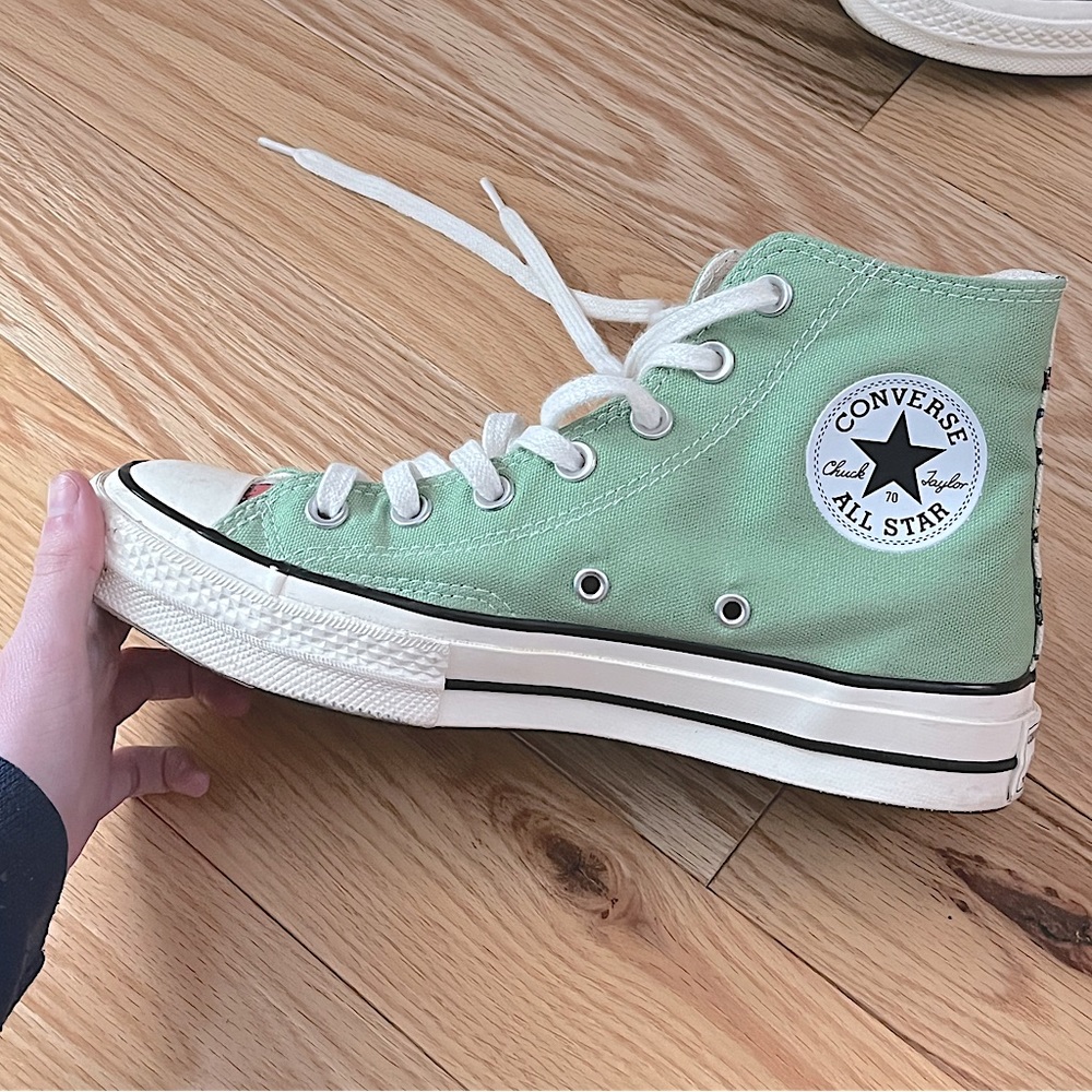 Custom Green and Dinosaur Print High Top Converse
